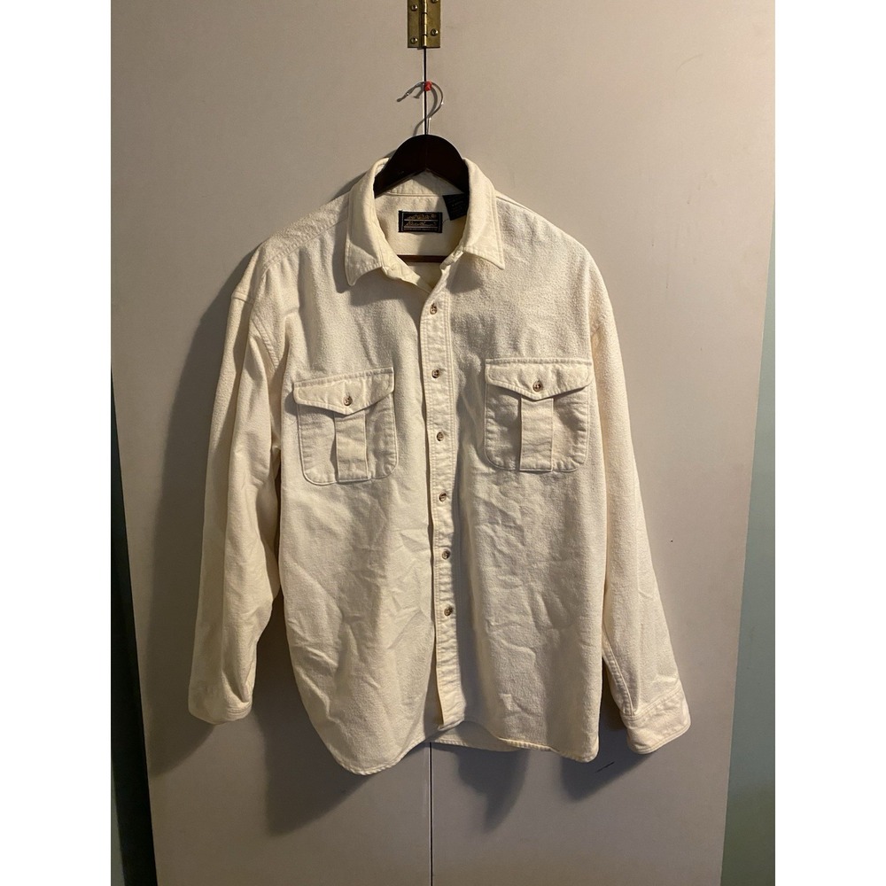 Eddie Bauer Made In USA Cotton Fleece Shirt Jacket Cream Menโs XL Vintage